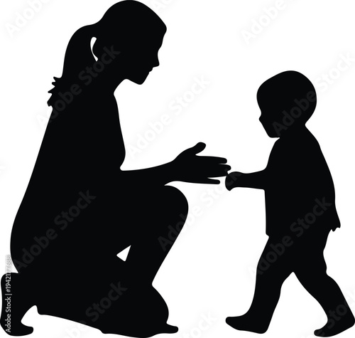 Vector loving mother encourages child taking first steps support family silhouette design