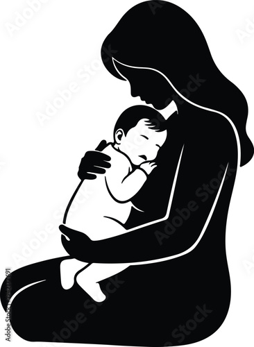 Vector loving mother gently embracing sleeping baby newborn child silhouette design