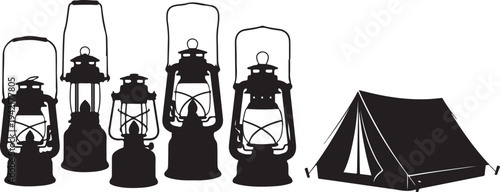 Camping lanterns and tent in black silhouette illustration style