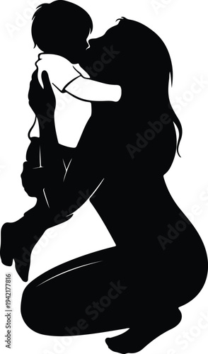 Vector loving mother holding her infant child with tenderness silhouette design