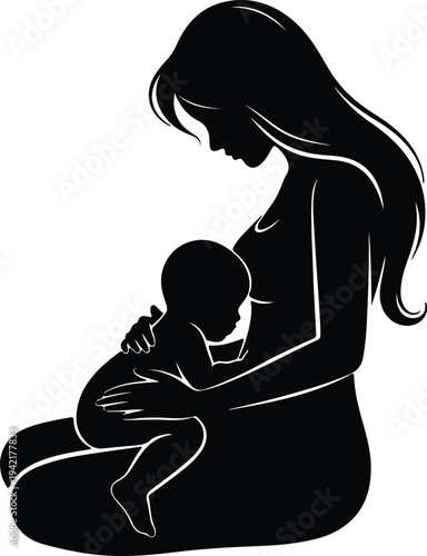 Vector loving mother holding newborn baby child embracing silhouette design