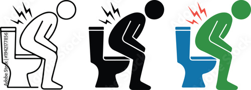 Minimalist toilet discomfort icon set with stick figure sitting on toilet and lightning bolt pain symbols in vector style