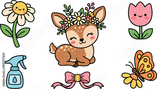 Cute smiling fawn with floral crown surrounded by happy flower illustrations and colorful butterfly spray bottle and pink ribbon bow