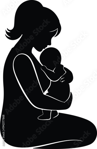 Vector loving mother holding newborn baby family care concept silhouette design