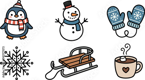 Cute winter themed vector icons with penguin wearing scarf snowman mittens sleigh snowflake and steaming hot chocolate cup