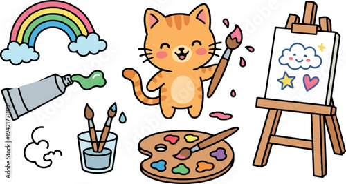 Cute smiling orange cat holding paintbrush with colorful palette rainbow cloud painting on easel vector art
