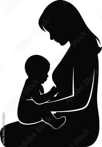 Vector loving mother tenderly breastfeeds her newborn baby simple pure silhouette design