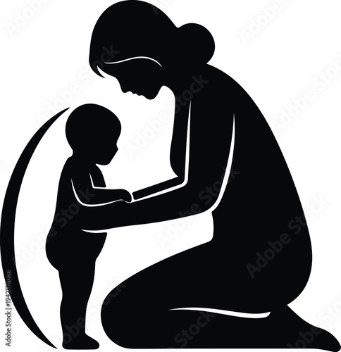 Vector Loving mother supports young child learning walking silhouette design