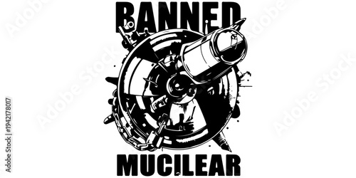 Nuclear weapons banned sign with radiation symbol crossed out, grunge textured black and white icon for treaty on the prohibition of nuclear weapons, disarmament, and global peace activism.