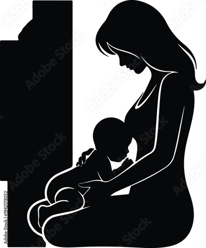 Vector loving mother tenderly holding newborn baby in simple silhouette design