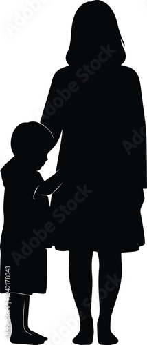 Vector loving mother with child holding hands walking together simple silhouette design