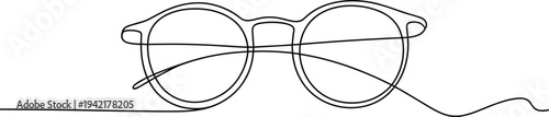 Minimalist continuous line drawing of round eyeglasses with slightly asymmetrical black frames on a white background