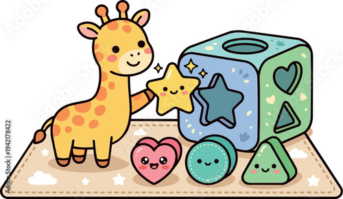 Cute cartoon giraffe holding yellow star next to pastel shape sorter cube and smiling colorful hearts flat design toddler toy illustration
