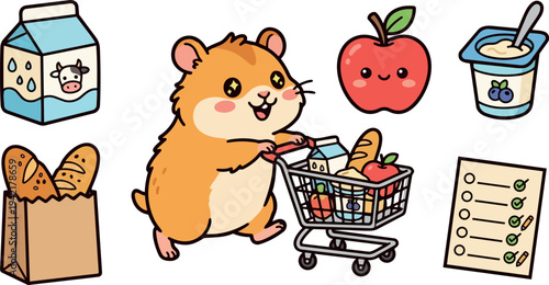 Cute hamster pushing small shopping cart with grocery items including milk bread apple and yogurt surrounded by food icons in flat design