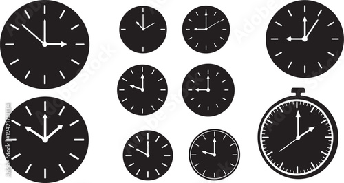 Collection of various black and white clock faces illustration