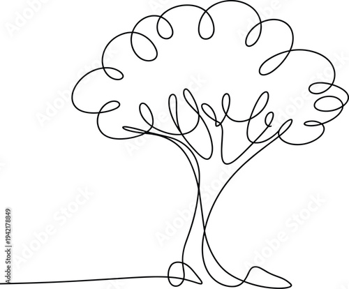 Minimalist single line drawing of a tree with a curly canopy and roots extending to the left on a white background