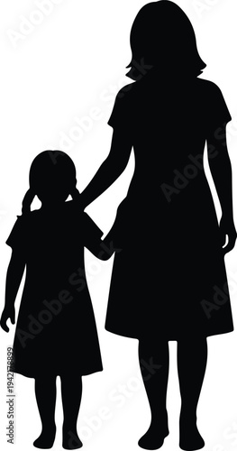 Vector mother and child holding hands walking together family silhouette design