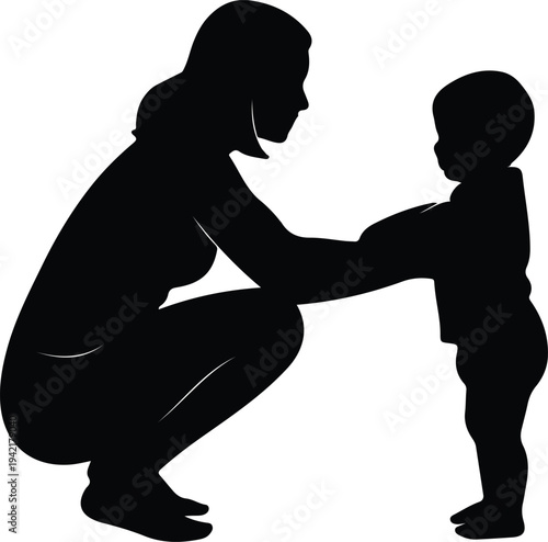 Vector Mother and Child Learning to Walk Together Care silhouette design