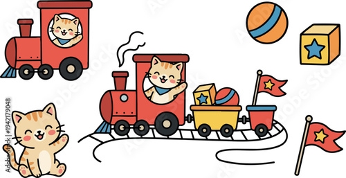 Cute smiling orange cats riding red toy train waving paws with colorful ball and star cube flags in playful children illustration