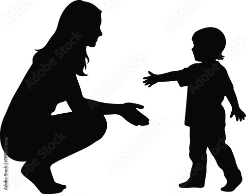 Vector Mother and child reaching out happy family bond concept silhouette design