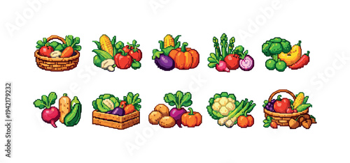 Fresh produce solid icon set. Fruits, vegetables collection for market and farm themes
