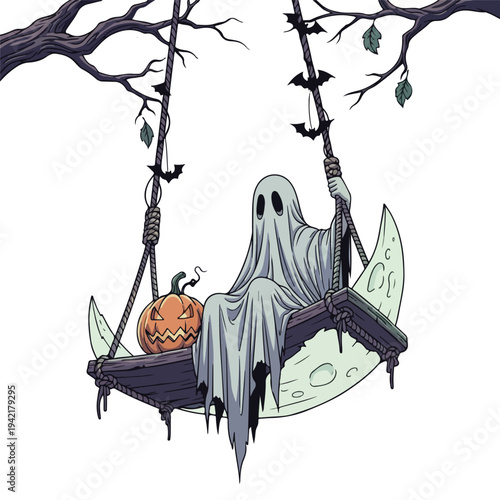 Ghost Sitting on a Swing with Pumpkin.