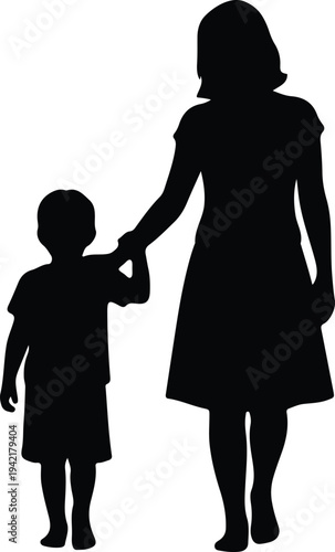 Vector Mother and child walking holding hands together family love black silhouette design