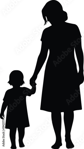 Vector Mother and child walking holding hands happy family silhouette design