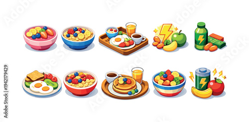 Healthy breakfast 3d icon set with energy boost, fruits, and smoothies