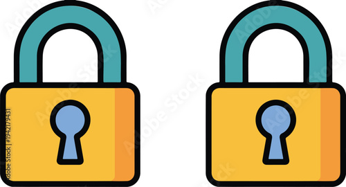 Minimalist padlock icon illustration with turquoise shackle and yellow body showing security and protection concept in flat vector style