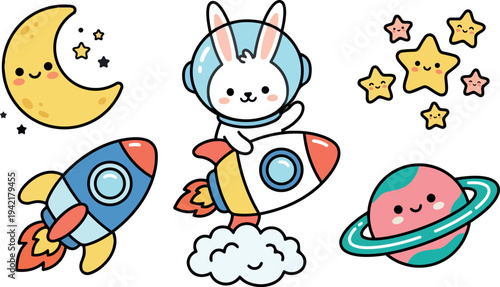Cute kawaii style astronaut bunny riding rocket smiling moon and stars with colorful planets and clouds in space