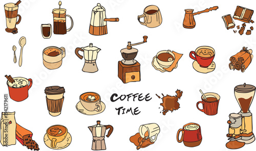 Hand drawn coffee doodle set with different coffee drinks and brewing methods. Collection of coffee cups, espresso, cappuccino, latte, moka pot, coffee grinder, cezve, coffee beans