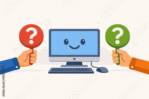 Flat vector illustration of a friendly computer monitor with a smiley face, flanked by hands holding red and green question mark icons, symbolizing online support, FAQ, and AI help desk service.