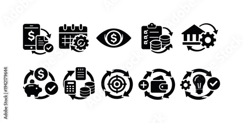 Finance and banking silhouette icon set. Money, payment, bank, budget icons collection