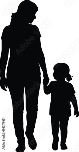 Vector Mother Daughter Child Walking Holding Hands Family Together Silhouette Design