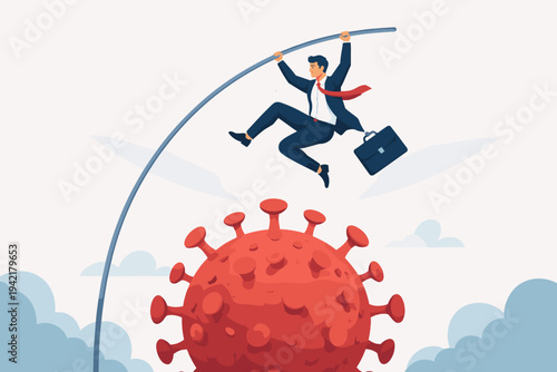 Businessman pole vaulting over a giant coronavirus cell to overcome economic crisis, representing resilience, business survival, risk management, and achieving success during the COVID-19 pandemic.