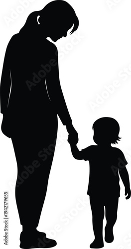 Vector mother child holding hands walking together family love silhouette design