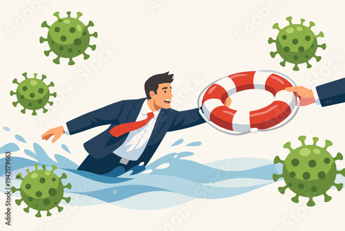 Businessman Drowning in Sea of Coronavirus Reaching for Lifebuoy Help, Government Financial Stimulus and Business Insurance Support During COVID-19 Economic Crisis Rescue and Survival Concept