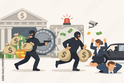 Bank Robbery Concept with Masked Thieves Carrying Money Bags from an Open Vault, Armed Heist Scene with Hostages, Security Alarm, Surveillance Camera, and Getaway Car, Flat Vector Illustration.