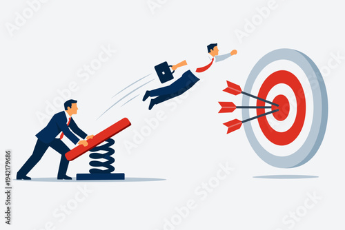 Professional Leader Launching Worker from Springboard Towards Bullseye Target, Concept of Business Success, Teamwork, Motivation, Goal Achievement, and Career Growth Flat Vector Illustration.