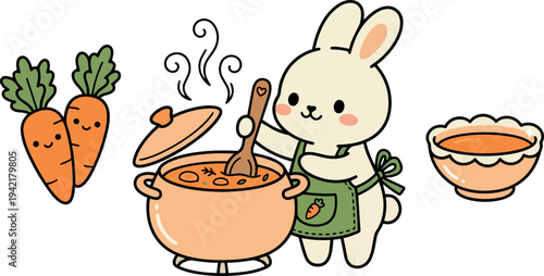 Cute white bunny stirring steaming carrot soup in a large pot with happy carrots and bowl vector art kitchen cooking scene