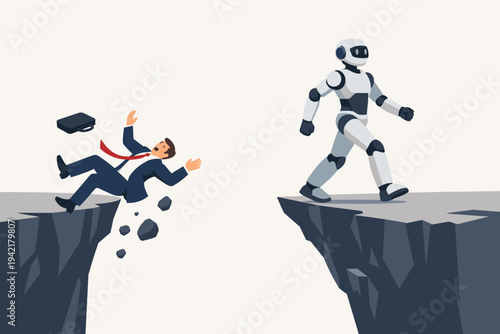 Business Concept Illustration of a Businessman Falling Down a Cliff While Being Replaced by a Robot Representing AI Automation Job Displacement Unemployment and the Future of Work Technology