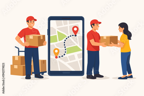 Online delivery service concept with courier men delivering cardboard boxes to a customer, smartphone with GPS map tracking route, fast shipping and logistics vector illustration flat design