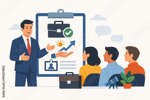 Professional Businessman Presenting Job Opportunity and Career Development Strategy to a Group of Employees, Flat Vector Illustration of Corporate Recruitment, Team Training, and Onboarding.
