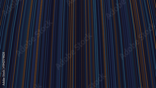 Parallel glowing blue and amber lines ascend vertically with small dots on a dark backdrop