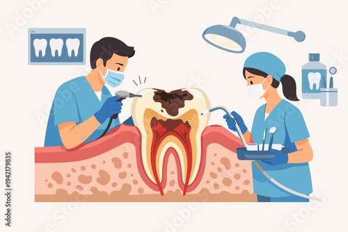 Dentist and assistant performing dental procedure on a large decayed tooth with caries, using professional tools like a drill and suction, flat vector illustration for oral health and hygiene.