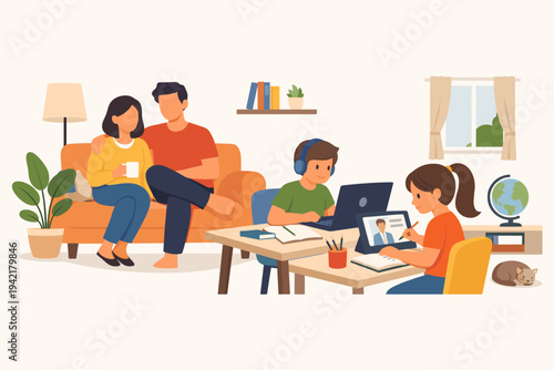 Happy Family Staying at Home with Children Studying Online via Laptop and Tablet in a Cozy Living Room, Parents Relaxing on Sofa, E-learning, Remote Education, and Homeschooling Vector Illustration.