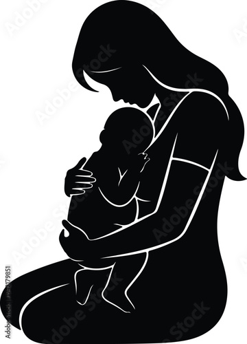 Vector Mother holding her baby gently with love silhouette design