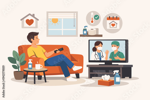 Man Sitting on Couch at Home Watching Medical Professionals on TV for Health Advice During Quarantine, Vector Illustration with Hand Sanitizer, Thermometer, and Self-Isolation Symbols.
