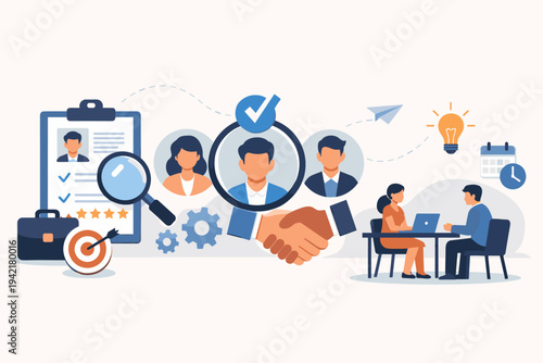 Recruitment Process and Talent Acquisition Concept Illustration with HR Hiring Steps, Candidate Selection, Job Interview, Handshake, Resume Review, Career Growth, and Professional Employment.